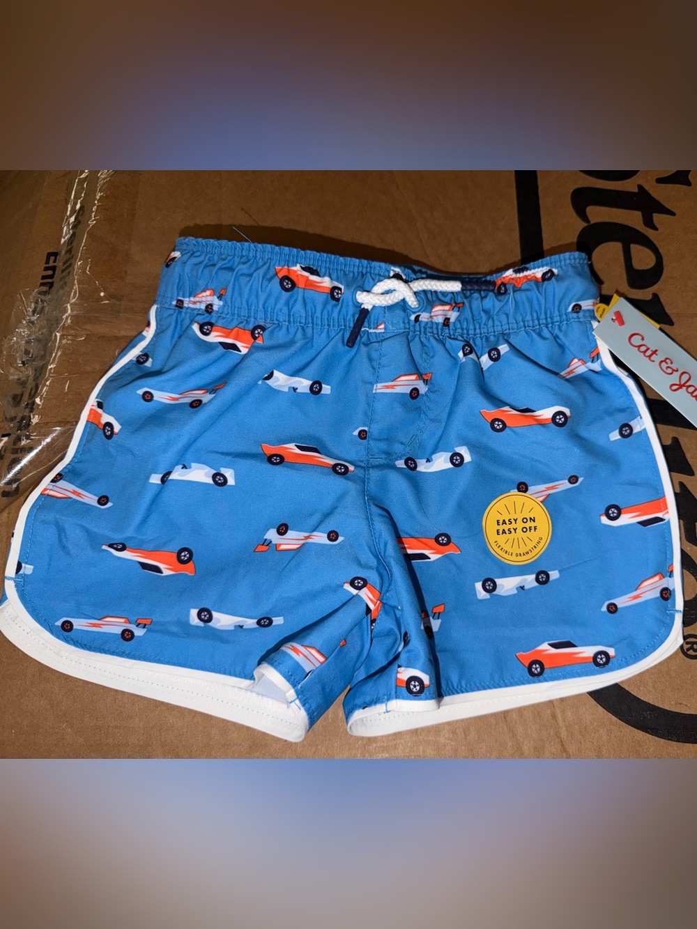 Target Kids Swim Trunks Blue with Orange & White Race Car Print